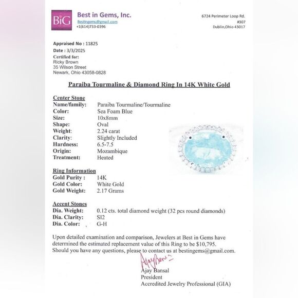 Rare 2.36Ctw Paraiba Tourmaline & Diamond Halo, 14K White GOLD with Appraisal - Picture 5 of 7